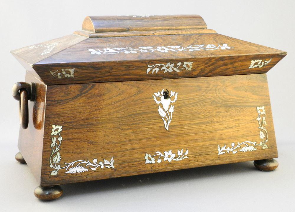 Early Victorian Rosewood Sarcophagus Form Tea Caddy W/ Crystal Bowl, No Key. 12 1/8" Wide (1 of 7)