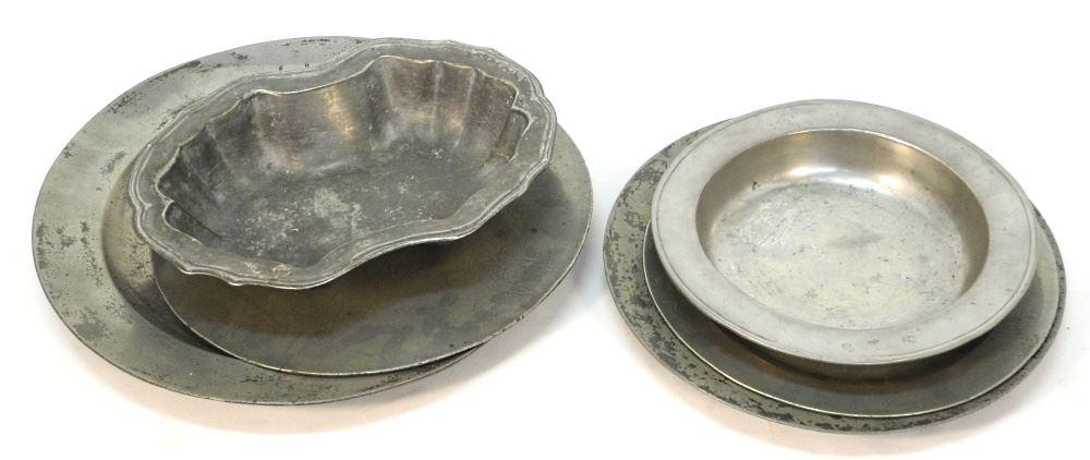5 Pewter Chargers & Dish, 2 Crested, 12 3/8 - 18" Wide (1 of 4)