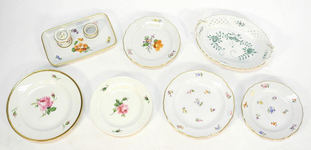 7 Pieces of Meissen Porcelain: 5 Plates/ Basket & Desk Stand with Mismatch Bottles, 10 1/8" (1 of 10)