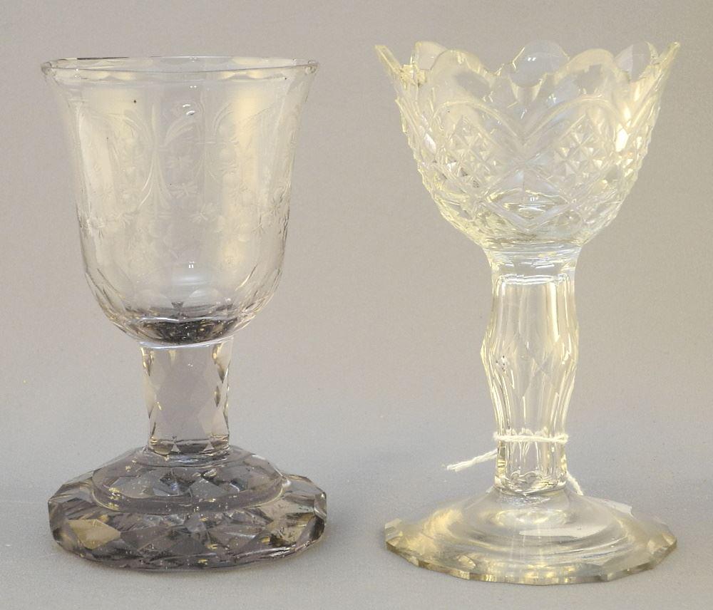 2 Antique Faceted Glass Stem Goblets 5 3/8 & 5 5/8" High (1 of 2)