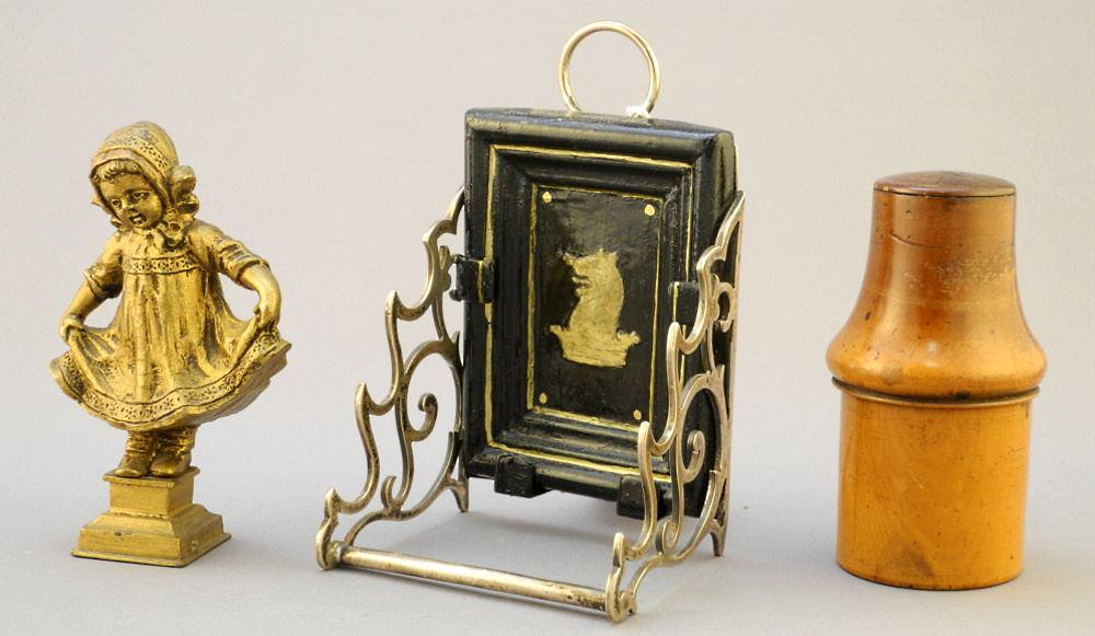 Silver Pen Rest (London 1910) with Gilt Metal Figurine & Treen Bottle, 3 1/2 - 5" High (1 of 3)