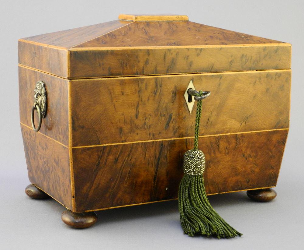 Georgian Inlaid Burr Walnut Tea Caddy of Sarcophagus Form, 7 1/2". (1 of 6)