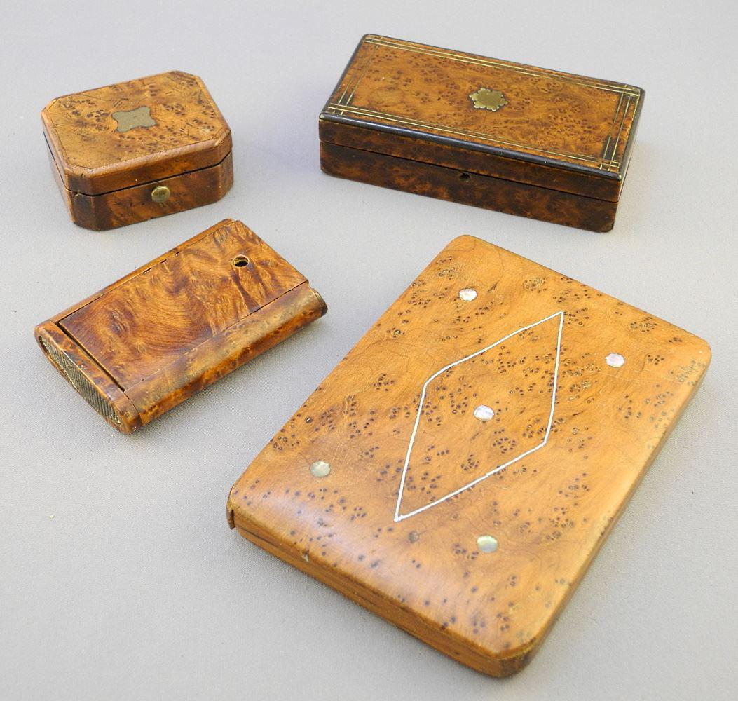 Four Antique Burr Boxes Including Yew, Amboyna, etc, 4 1/2". (1 of 3)
