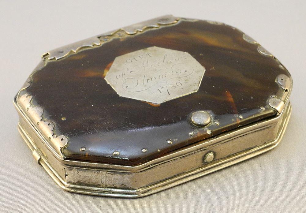 18th Century Silver & Tortoise Shell Octagonal Box, 3 3/4" x 3", No Export. (1 of 4)