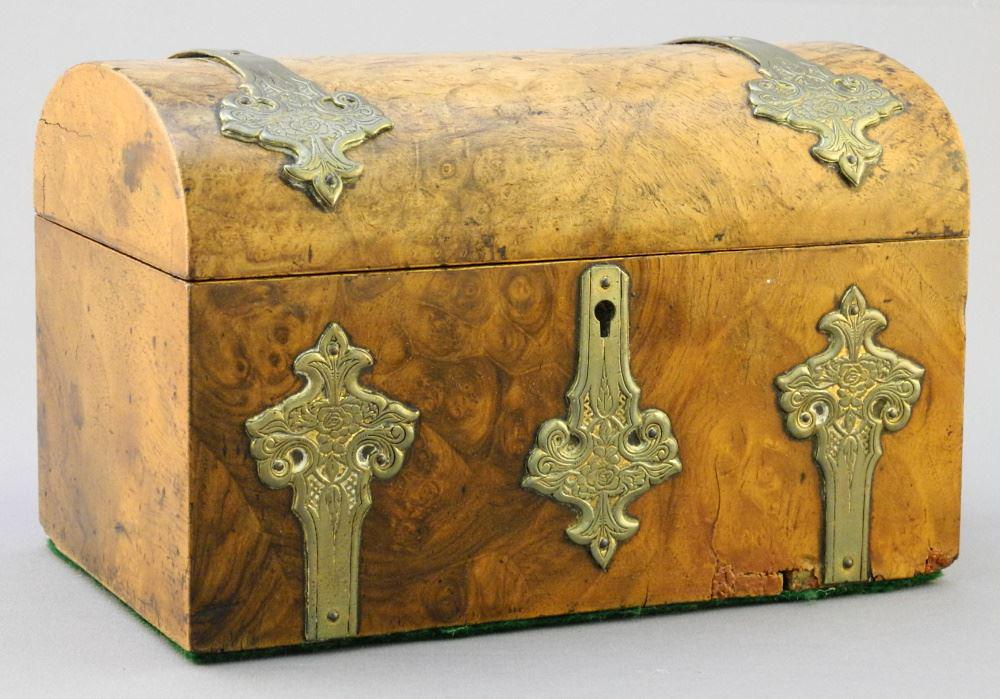 Victorian Brass Bound Burr Walnut Tea Caddy, 7". (1 of 6)