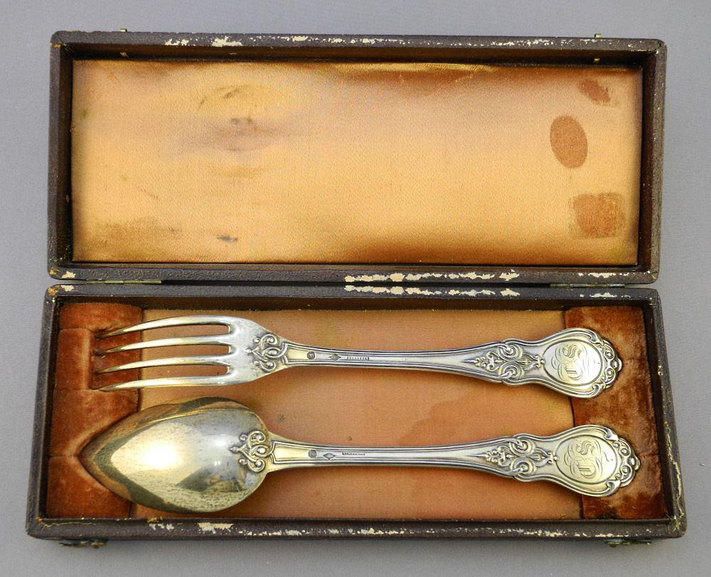 French Cased Silver Spoon and Fork Presentation Set. (1 of 12)