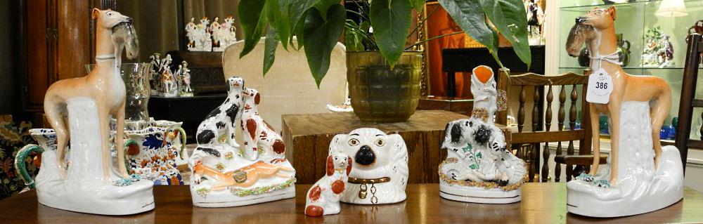 6 Staffordshire Dog Figurines, Various Subjects, 3 3/4 - 10 3/4" Tall (1 of 1)