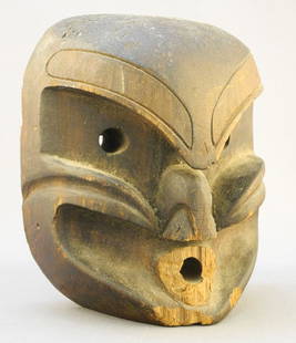 Kwagiulth Stained Cedar Mask Signed Tony (Hunt), 6 1/4" High, Bukwus, Damage Noted: Kwagiulth Stained Cedar Mask Signed Tony (Hunt), 6 1/4" High, Bukwus, Damage Noted