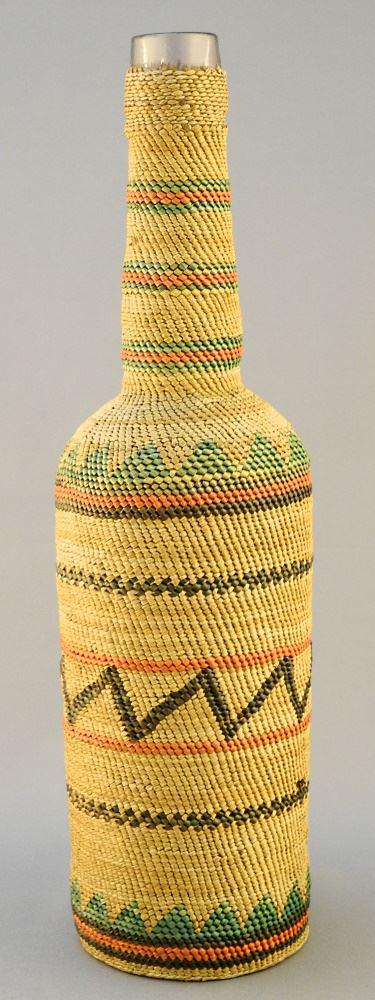Nuu-Chah-Nulth Basketry Wrapped Bottle, 12" High. (1 of 3)