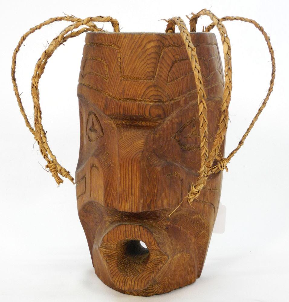 Northwest Coast Carved Cedar Mask with Cedar Adornment, Unsigned, 11 1/8" High. (1 of 2)