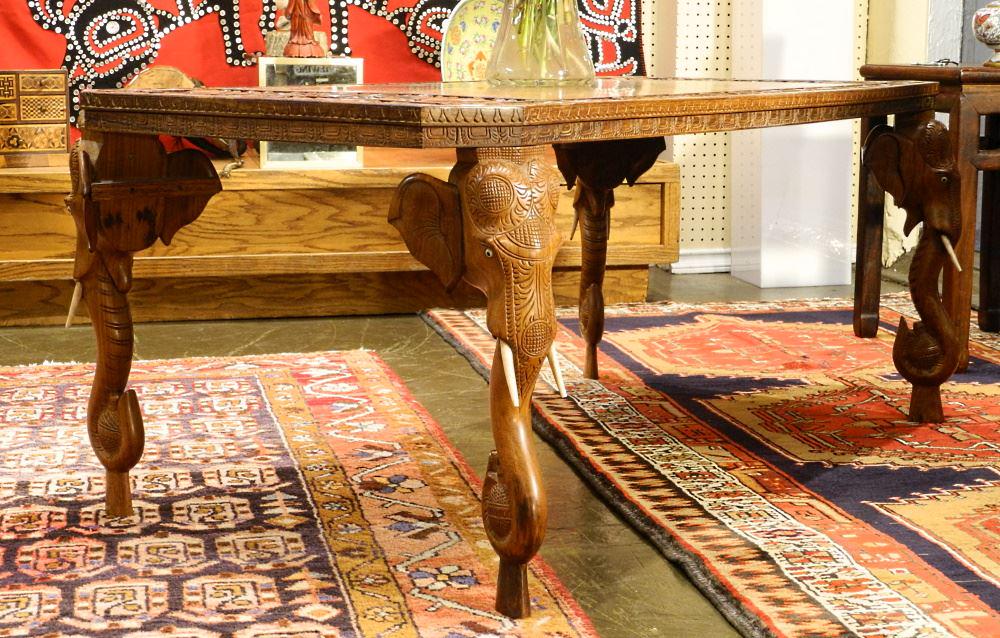 Heavily Carved Asian End Table with Elephants, 48". (1 of 5)
