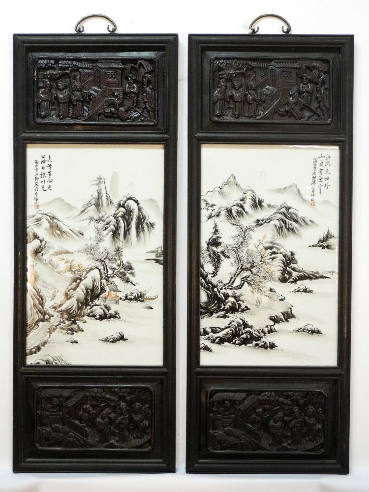 Pair of Chinese Porcelain Plaques in Wooden Frames, 33" High.: Pair of Chinese Porcelain Plaques in Wooden Frames, 33" High.
