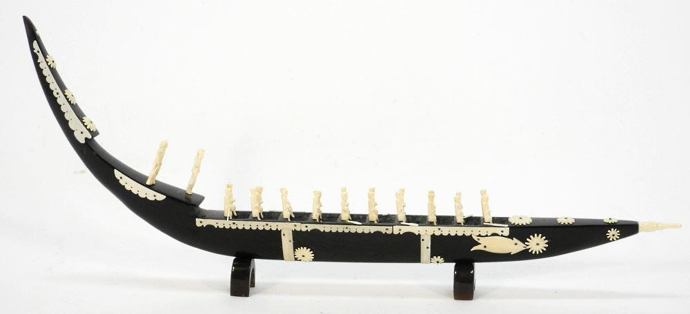 Model Boat Carved from Bone & Horn, 20" Length.: Model Boat Carved from Bone & Horn, 20" Length.