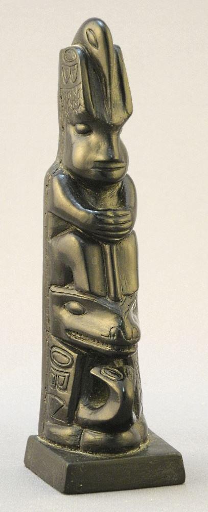 Argillite Carving Signed Mrs.Mildred Pollard, 5 5/8" High, 3 Figure Model Pole Engraved with ID#. (1 of 3)