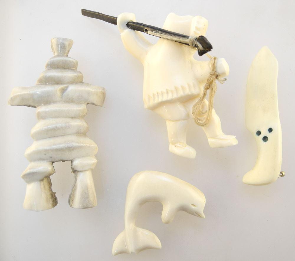 Group of 4 Inuit Antler & Marine Ivory Brooches, 1"- 2 1/8" High.: Group of 4 Inuit Antler & Marine Ivory Brooches, 1"- 2 1/8" High.