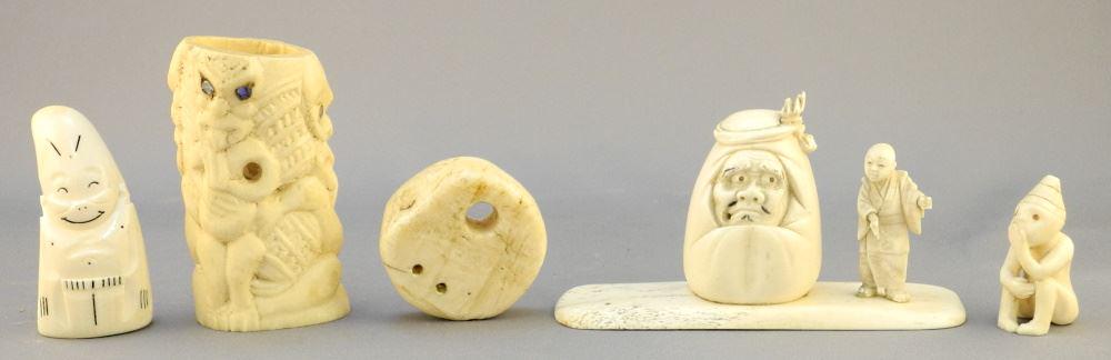 5 Carved Items: Billiken/ Daruma Maori/ Seated Round Section, 3 3/4", (No Export). (1 of 4)