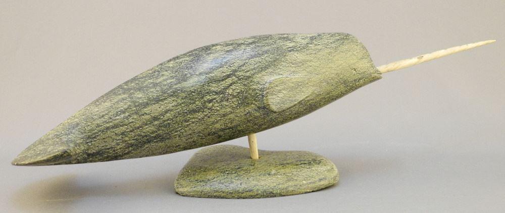 Inuit Stone & Antler Narwhal Base Signed Indistinctly, 12 3/4" Length. (1 of 3)