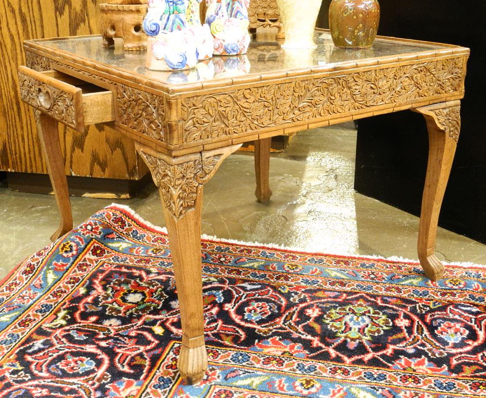 Asian Low Table with Carving & Glass Top, 29" Wide. (1 of 2)