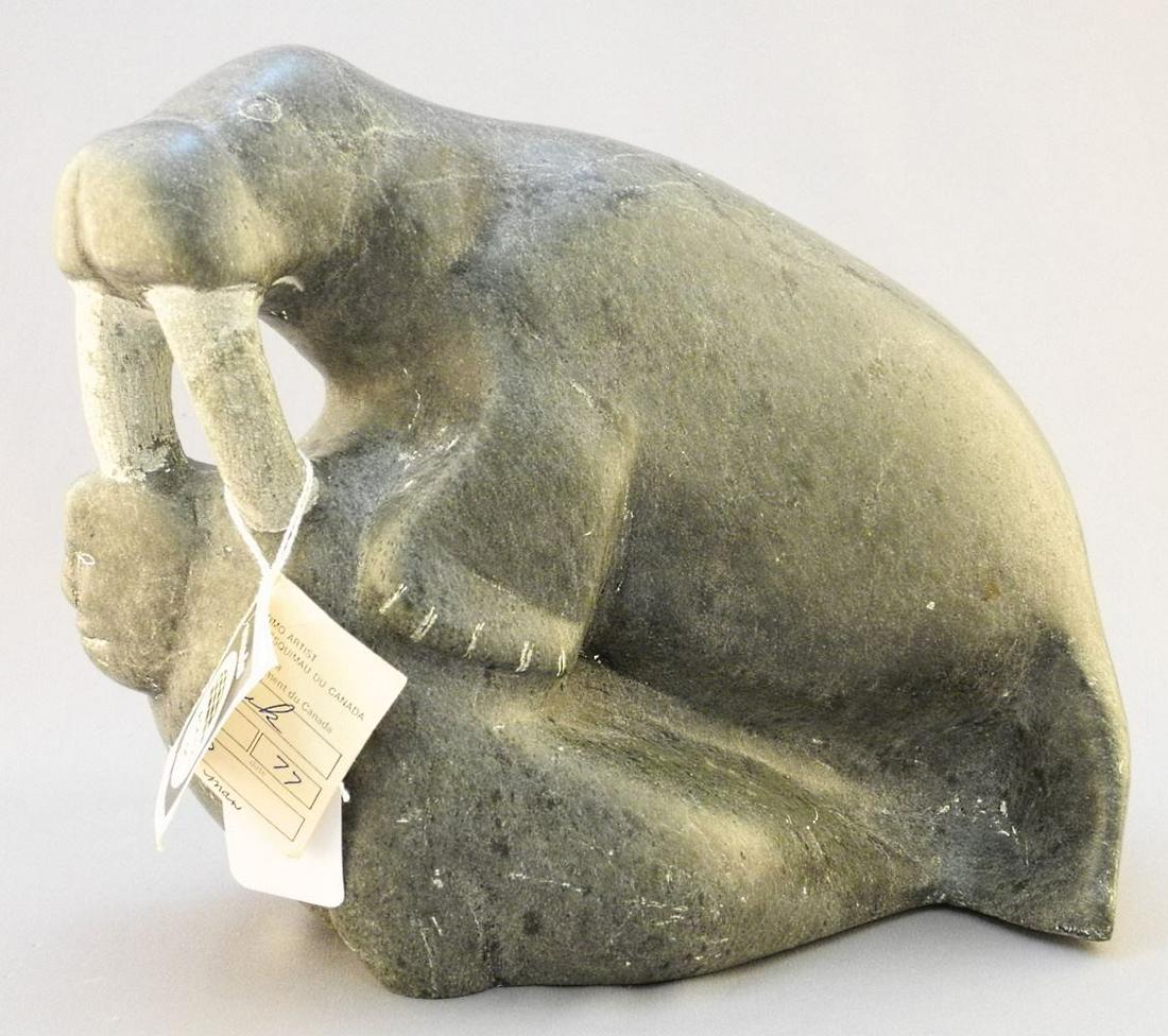 Soapstone Walrus Carving, Signed, 8 1/4" x 9". (1 of 4)