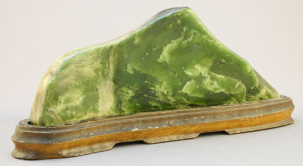 Polished Green Stone Mounted on a Wooden Stand, 12" Length. (1 of 3)