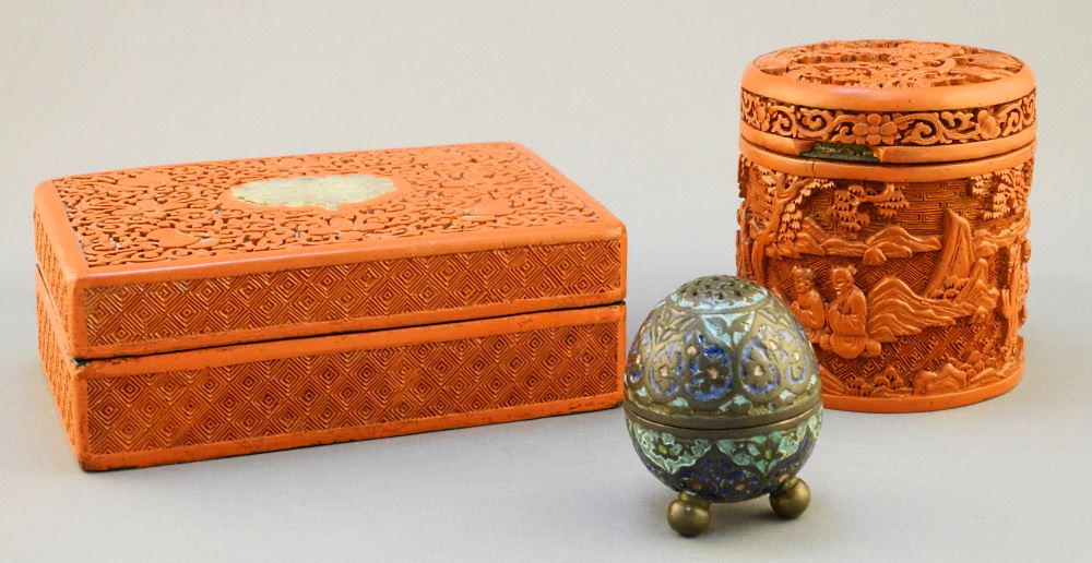 2 Pieces of Cinnabar Lacquer & Champleve Shaker, Chip Noted, 5 5/8": 2 Pieces of Cinnabar Lacquer & Champleve Shaker, Chip Noted, 5 5/8"