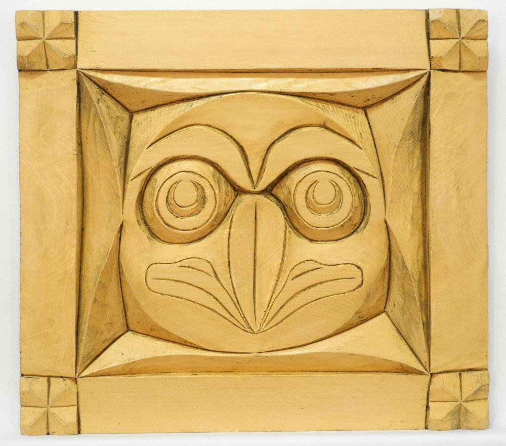 Carved Cedar Panel Signed Howard LaFortune Verso, 11 x 12 1/4", "Owl" Design: Carved Cedar Panel Signed Howard LaFortune Verso, 11 x 12 1/4", "Owl" Design