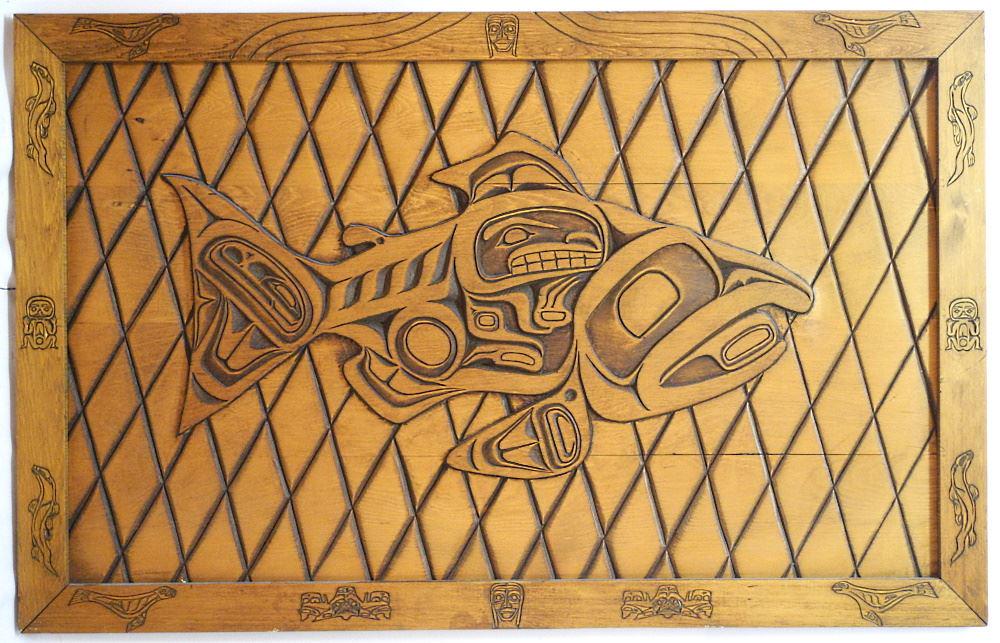 Carved Wood Plaque By Jean Cyncora After Bill Reid, 32 1/4" x 51" x 2 1/2", "The Dog Salmon". (1 of 1)