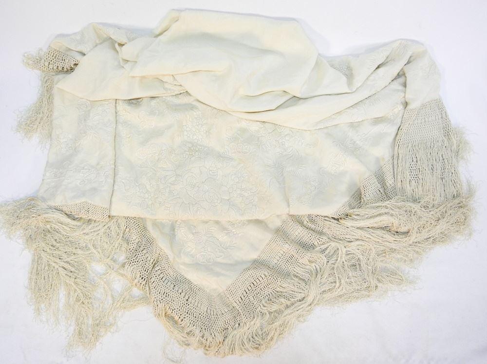 Antique Chinese Hand Embroidered Silk Piano Shawl, 84" x 84".: Antique Chinese Hand Embroidered Silk Piano Shawl, 84" x 84".