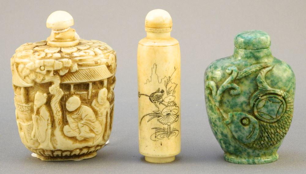 2 Chinese Bone Snuff Bottles & a Carved Green Stone Snuff Bottle, 2 3/4".: 2 Chinese Bone Snuff Bottles & a Carved Green Stone Snuff Bottle, 2 3/4".
