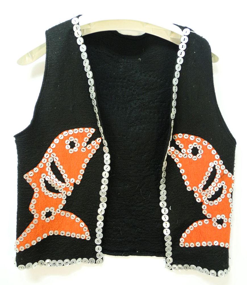 Haida Child's Button Vest, "Salmon & Thunderbird, 20 1/2" L.: Haida Child's Button Vest, "Salmon & Thunderbird, 20 1/2" L.