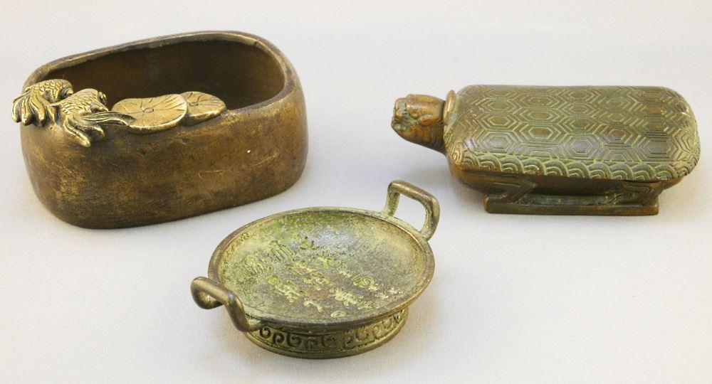 3 Bronze Castings: Brush Washer/ Turtle Box/ Ritual Dish, 4 3/8". (1 of 4)