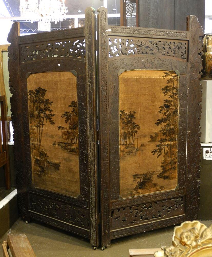 Japanese Silk Inset 2 Panel Screen, Condition Noted. (1 of 4)