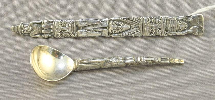 First Nations Sterling Totem Pole Brooch (3") with a Totem Spoon, 2 1/2". (1 of 2)