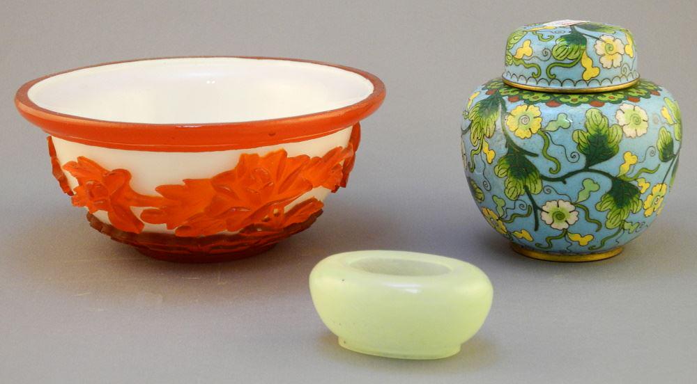 Collection Including: Asian Glass Bowl/ Cloisonne Covered Urn & a Green Stone Brush Washer. (1 of 2)