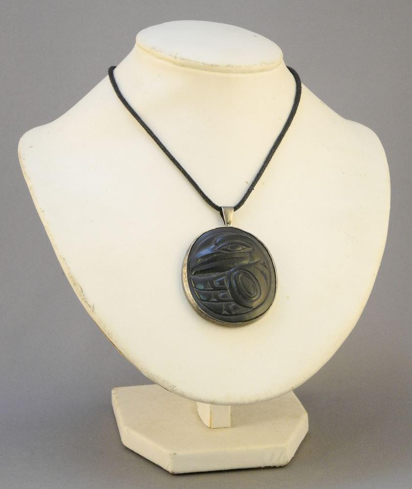 Haida Argillite Pendant in Silver Surround Monogrammed GM (Garnet Moody), 2 3/8"H. (1 of 3)