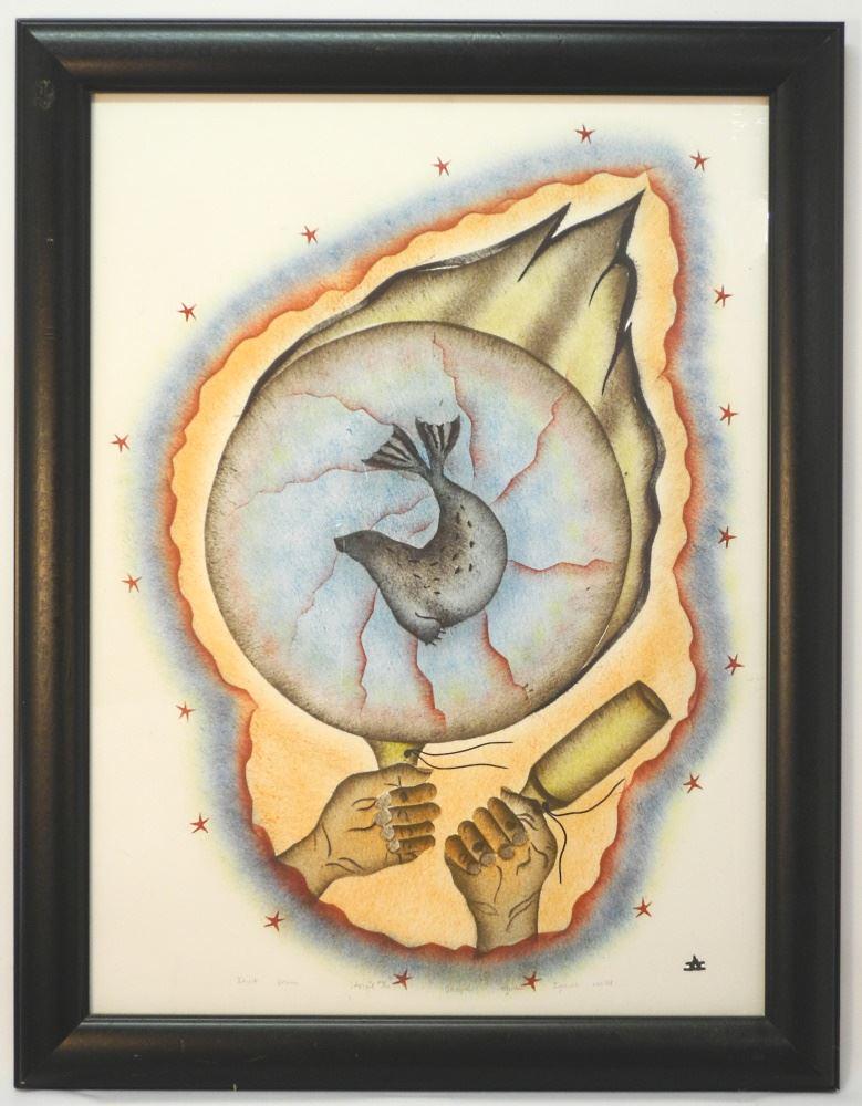 Serigraph Signed Jacoposie Tiqulik, 30" x 22", "Inuit Drum", #26/50. (1 of 2)