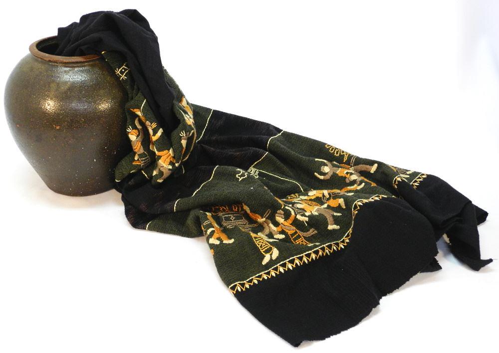 Asian Embroidered Cloth & Glazed Pot.: Asian Embroidered Cloth & Glazed Pot.