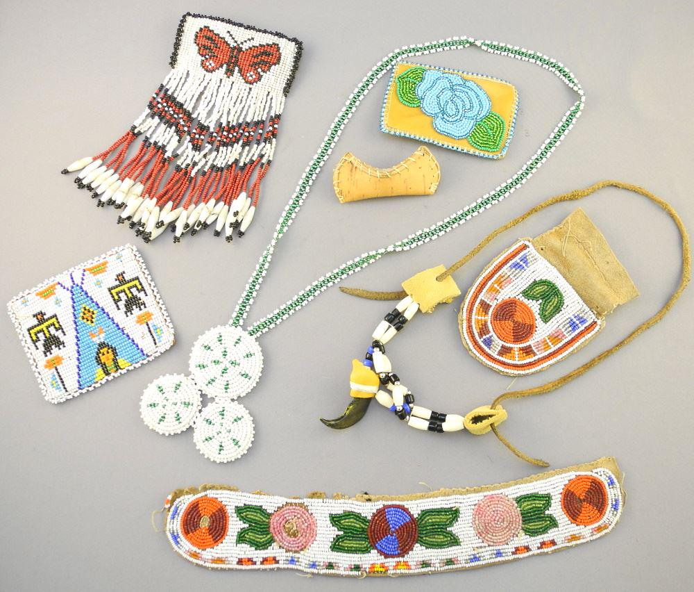 Collection of First Nations Bead Work Items, largest 11 1/2" wide, Bear Claw noted, no export (1 of 1)