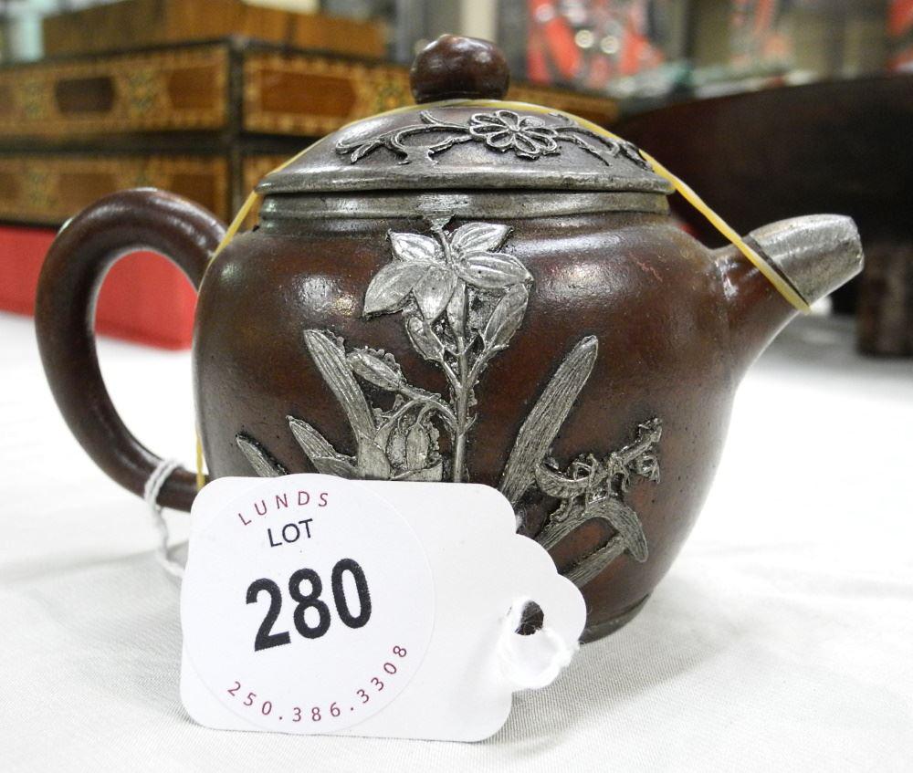 Metal Inlaid Purple Clay "Garden" Teapot, 3" High.: Metal Inlaid Purple Clay "Garden" Teapot, 3" High.