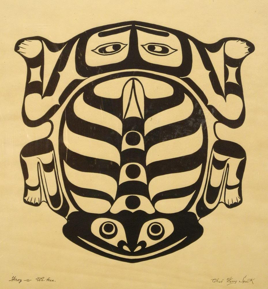 Kwagiulth Serigraph After Chief Henry Speck, 16 3/4" x 15 1/2", "Frog-Wo-Kes".: Kwagiulth Serigraph After Chief Henry Speck, 16 3/4" x 15 1/2", "Frog-Wo-Kes".