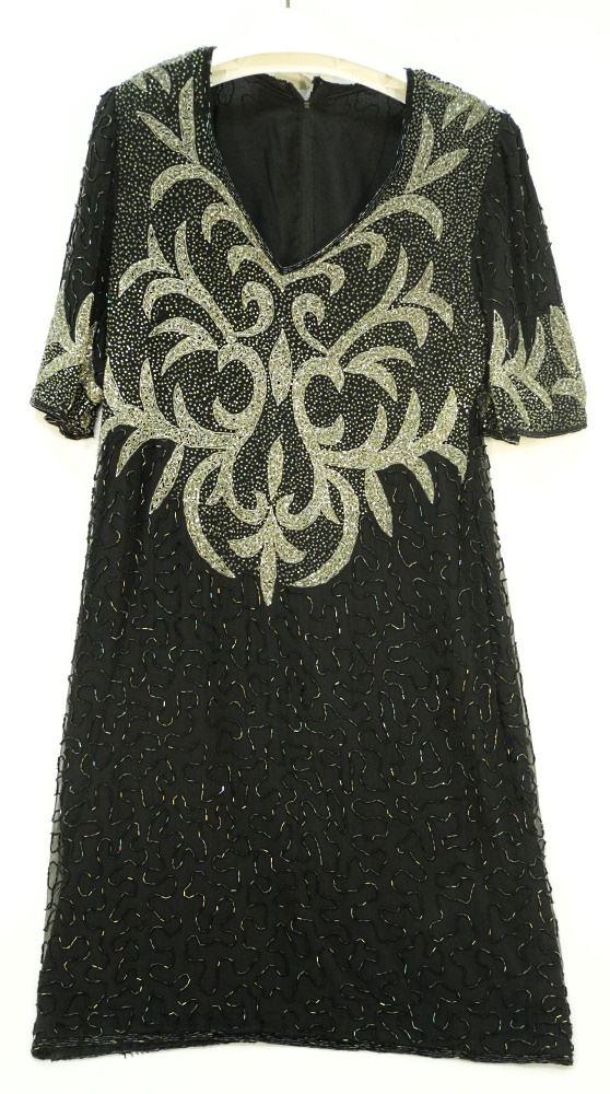 Vintage Silver & Black Hand Beaded Dress, Chest 44"/ Shoulder 16", Length 42". (1 of 2)