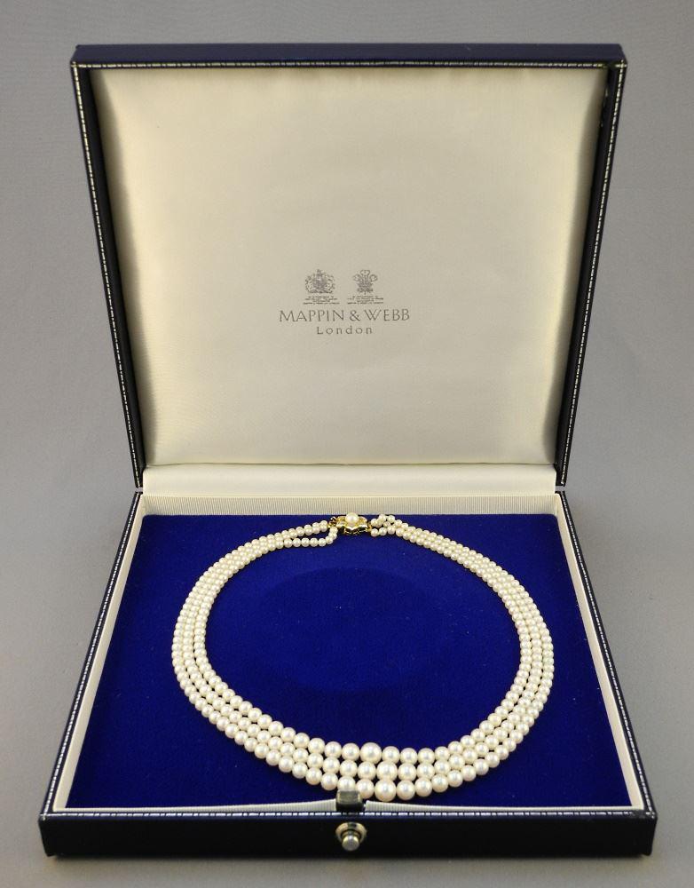 Mappin & Webb Triple Strand Pearl Necklace with 18K (Marked 750) Clasp & Original Box. (1 of 7)