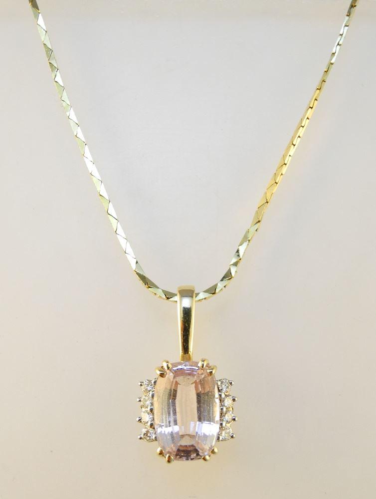 14K Yellow Gold (Marked) Kunzite & Diamond Pendant on Chain, Approx. 7.3Ct. (1 of 2)