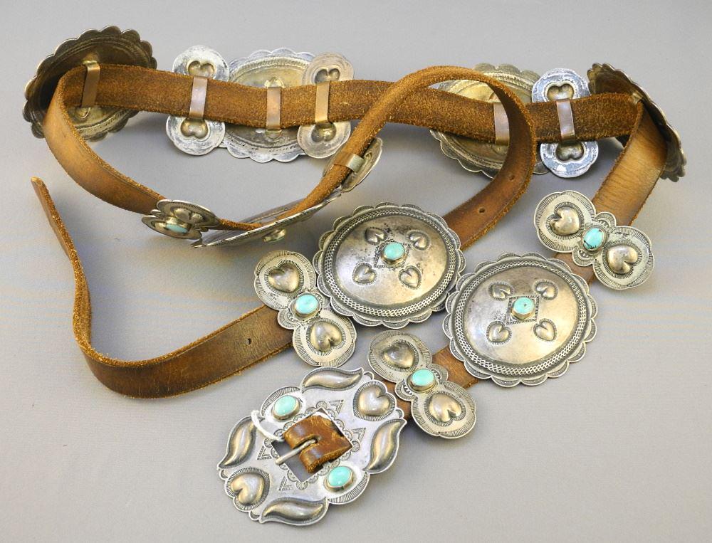 Navajo Silver & Turquoise Concho Belt, signed D.(Don) Lucas, 47 1/2" length, TW:434 grams.: Navajo Silver & Turquoise Concho Belt, signed D.(Don) Lucas, 47 1/2" length, TW:434 grams.