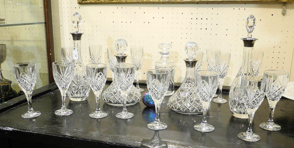 Set of Crystal Stemware with Silver Rimmed Decanter. (1 of 3)