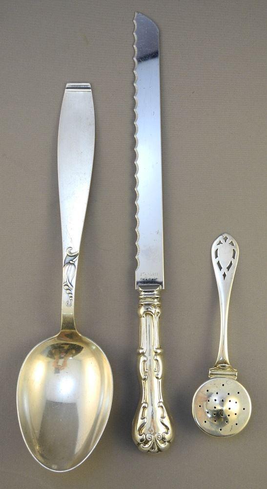Antique American Sterling Bread Knife, Danish Serving Spoon & Strainer. (1 of 4)