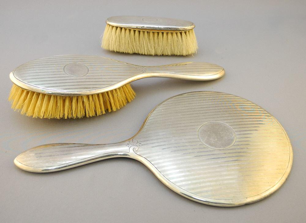 3 Piece Birks Sterling Silver Dresser Set, Mirror & 2 Brushes, Mirror 10 5/8" Long (1 of 6)