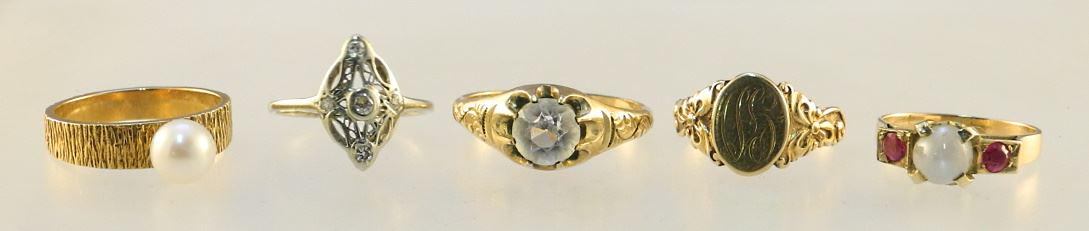 Group of Various Unmarked Gold Tone Rings (5 Pieces). (1 of 2)