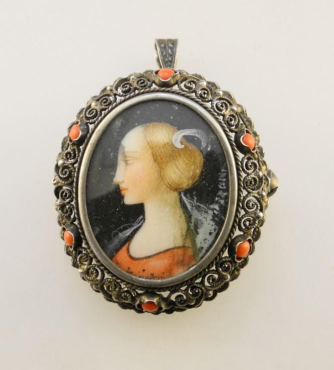 Silver Portrait Miniature Pendant Brooch, 1 1/2".: Silver Portrait Miniature Pendant Brooch, 1 1/2".