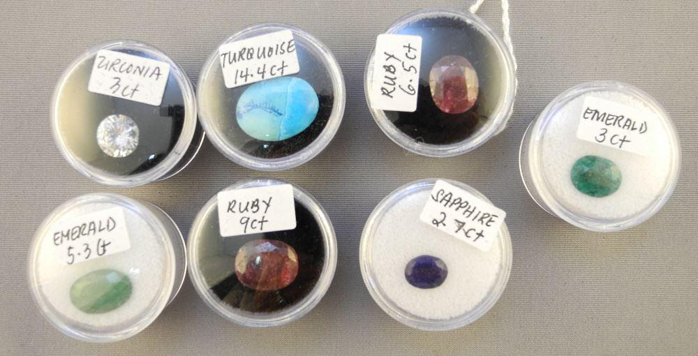 Lot of 7 Various Gemstones: Ruby/ Emerald/ Sapphire/ Turquoise/ Cubic Zirconia. (1 of 1)